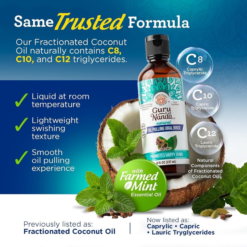 GuruNanda CocoMint Oil Pulling Mouthwash for Complete Oral Hygiene, 7 Essential Oils & Vitamins for Happy Teeth & Gums & Fresh Breath, with 2 Toothbrushes & 2 Tongue Scrapers, Alcohol-Free, 3X8 oz