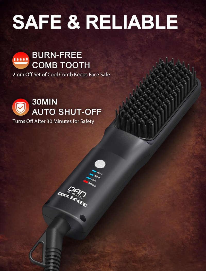 Beard Straightener for Men, Tourmaline Ceramic Heated Beard Brush with Anti-Scald Design, 3 Heat Settings for Medium to Long Beards, Beard Grooming Kit,Father's Gift