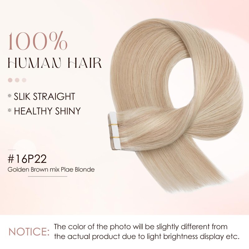 Human Hair Tape in Extensions-Double Stitched,SLEEKALON Free-cut Mini Tape ins Real Hair Extension Platinum Blonde Invisible Seamless Straight Double Side Tape Hair Extension-18 Inch,20pcs 50g,#60
