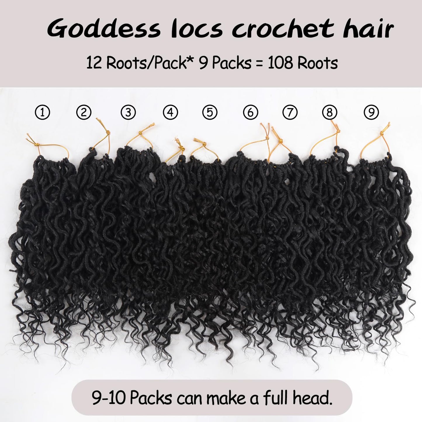 Vemet Goddess Locs Crochet Hair 8 Inch 9 Packs Faux Locs Synthetic Crochet Hair, Boho Style Pre looped crochet with Curly Ends 1B
