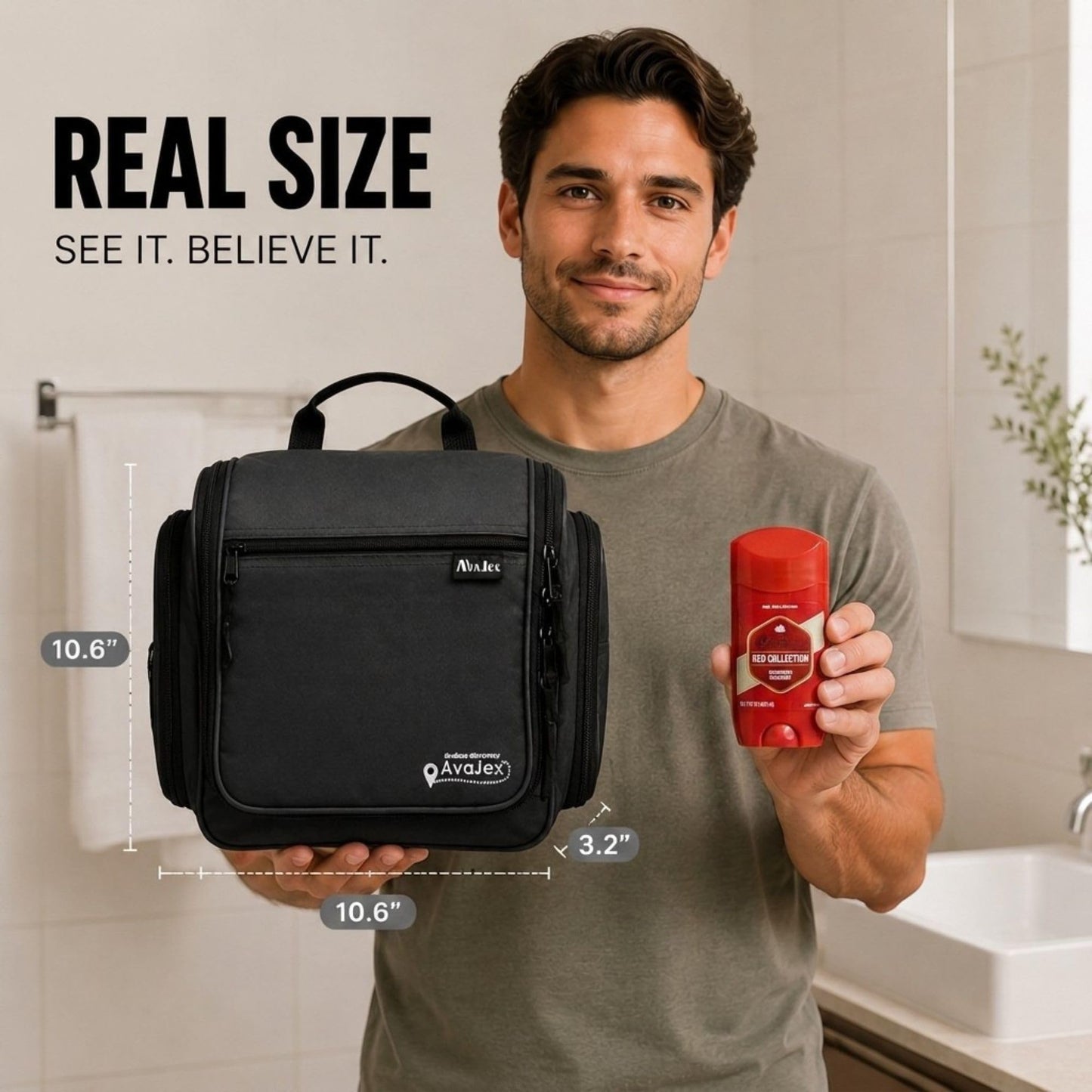 AvaJex Travel Toiletry Bag for Men - Large Dopp Kit (10.6"x10.6"x3.2") - Hanging Waterproof Mens Hygiene Organizer Bag with XXL Metal Swivel Hook, Sturdy Zippers and 19 Compartments for Toiletries