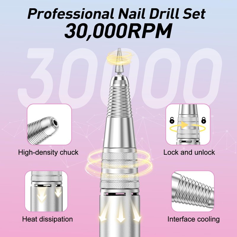 Jiasheng Electric Nail Drill, 30000rpm Professional Nail Drill Machine, Compact Electrical Nail File Kit for Acrylic Gel Nails Efile Drill for Manicure and Pedicure Salon Use White
