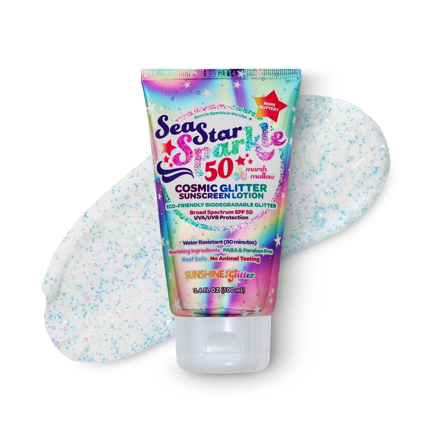 Seastar Sparkle - Cosmic Marshmallow Scented Glitter Sunscreen Lotion - SPF 50 - Biodegradable Sunscreen, Kids, Water Resistant, Glitter lotion, Cruelty Free, Kids Lotion, Made in USA, 3.4oz