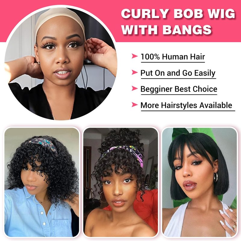 Curly Bob Wig with Bangs - 10 Inch Human Hair Water Wave | Glueless Brazilian Remy for Black Women