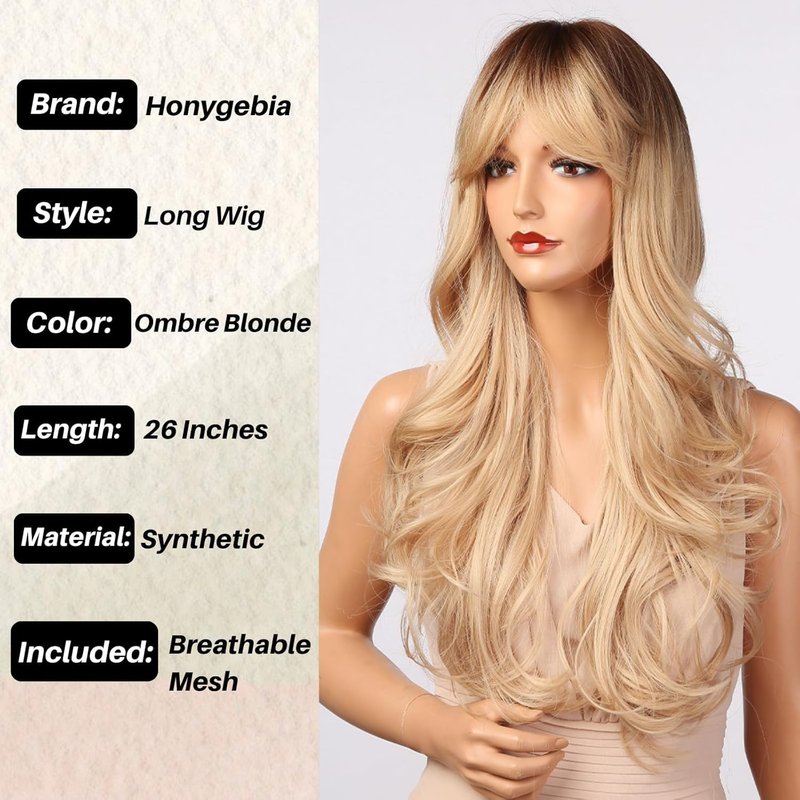 Blonde Wig with Bangs - Long Wavy Ombre Synthetic Hair | Light Ash Blonde with Dark Roots, Perfect for Halloween & Christmas