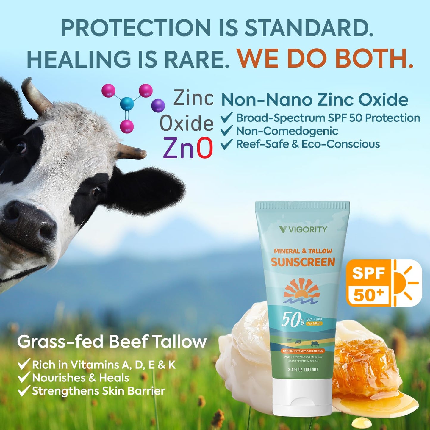 Beef Tallow Sunscreen with Clear Zinc: Non-Toxic SPF 30 Sunscreen for Face & Body, Natural Sunblock with Nourishing Tallow & Botanical Extracts (SPF50 & Tallow)