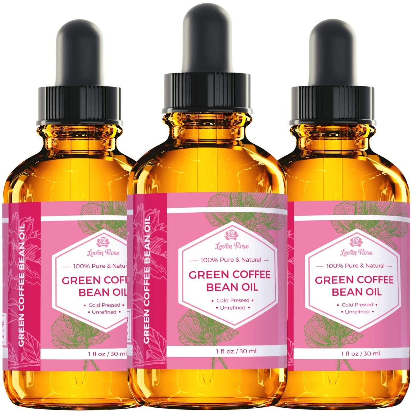 Leven Rose Green Coffee Bean Oil - 100% Natural Cold Pressed Oil for Eyes, Face, Nails & Hair | 1 oz Bottle