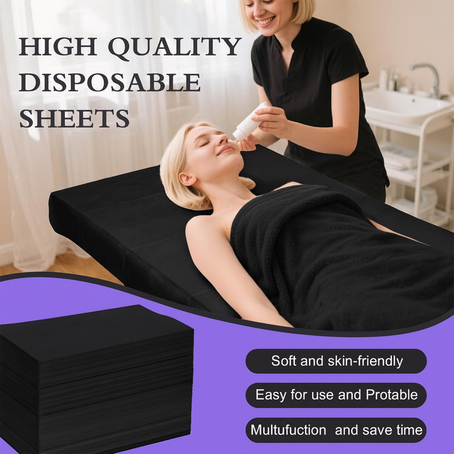 Celmuron 100 PCS Disposable Massage Table Sheets – Black 31.5'' × 79'' Non-Woven Spa Bed Covers, Soft & Breathable for Massage, Beauty, Tattoo