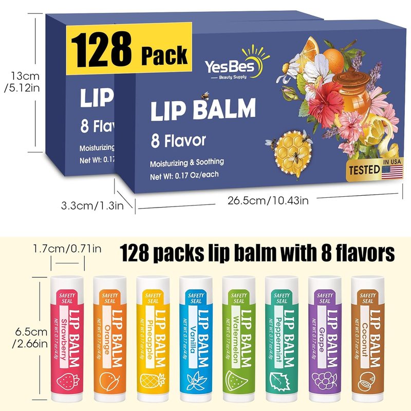 128 Pack Natural Lip Balm | Moisturizing with Vitamin E & Coconut Oil - 8 Flavors for Dry Cracked Lips