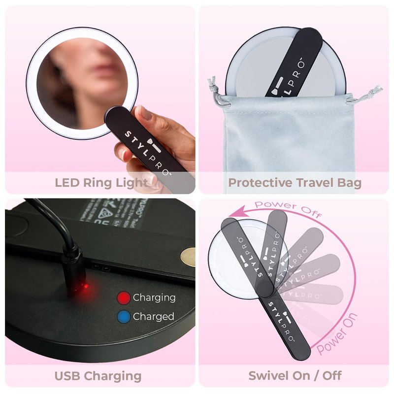 StylPro Twirl Me Up LED Hand Held Compact Makeup Mirror - Lightweight, USB Rechargeable - Rotating Handle Perfect for Selfies - 1 pc