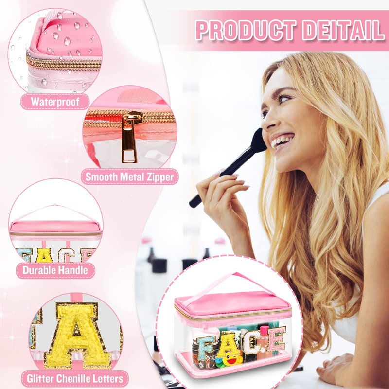 2 Pcs Chenille Letter Clear Makeup Bags FaceHair Pouch, Preppy Patch Travel Face Bag Zipper with Handle, Travel Hair Bags for Hair Stuff Waterproof Cosmetic Toiletry Storage for Women Girl(HAIR+FACE)