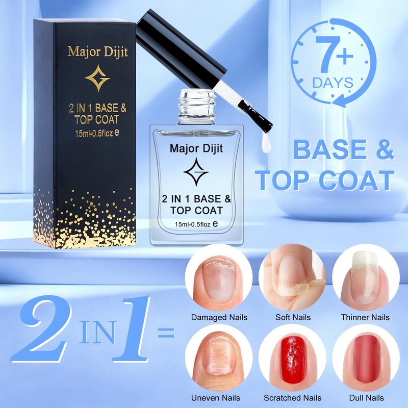 Major Dijit Clear Base & Top Coat 2-in-1 Nail Polish – Quick Dry, Long-Lasting, High Gloss Protective Formula – 0.5 Fl Oz