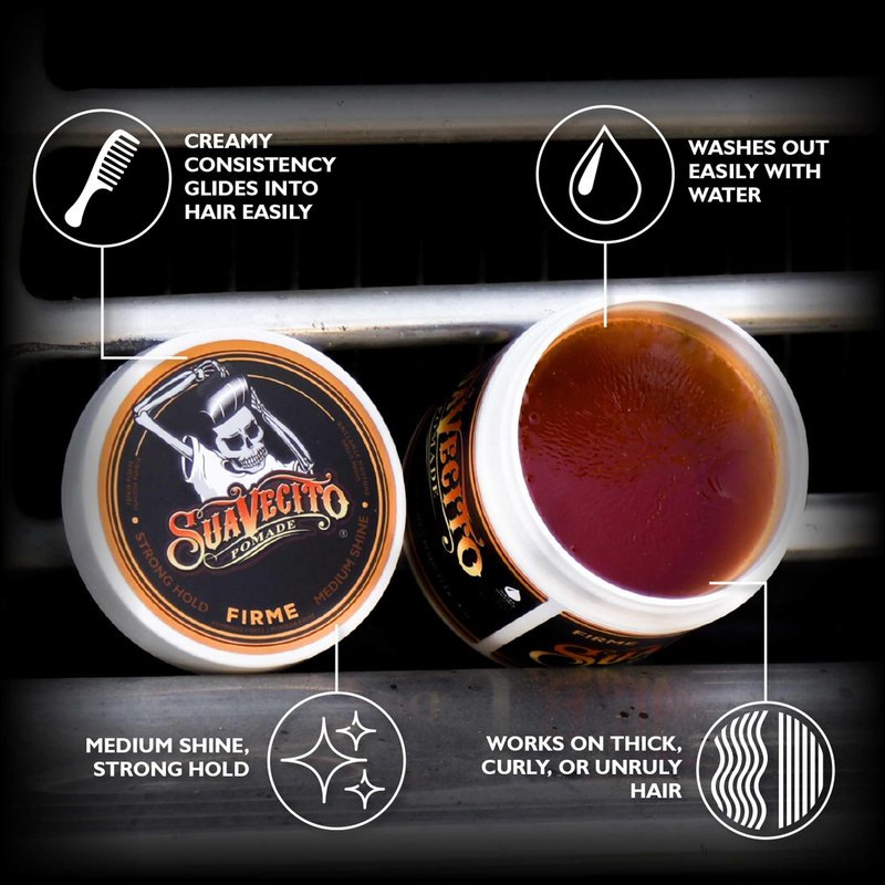 Suavecito Pomade Firme (Strong) Hold 4 oz, 1 Pack - Pomade For Men - Medium Shine Water Based Wax Like Flake Free Hair Gel - Easy To Wash Out - All Day Hold For All Hair Styles