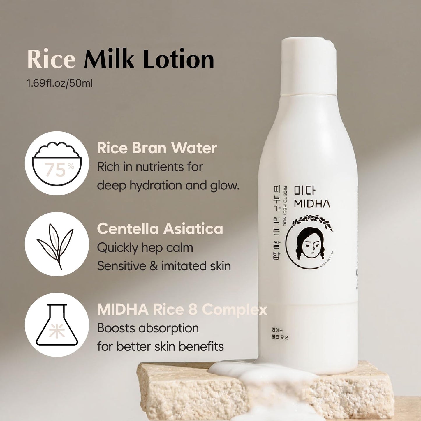 MIDHA Rice Milk Lotion 6.76fl.oz (200ml) with rice extract and rice water Facial moisturizer quick absorption and non sticky hydrating effect