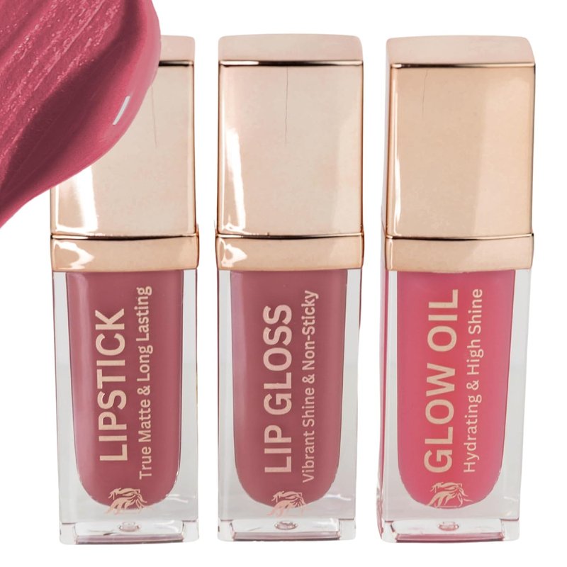 Mauve Matte Lip Trio - Smudge-Resistant Lipstick, Gloss & Oil | Hydrating Vegan Gift Set with Jojoba & Vitamin E