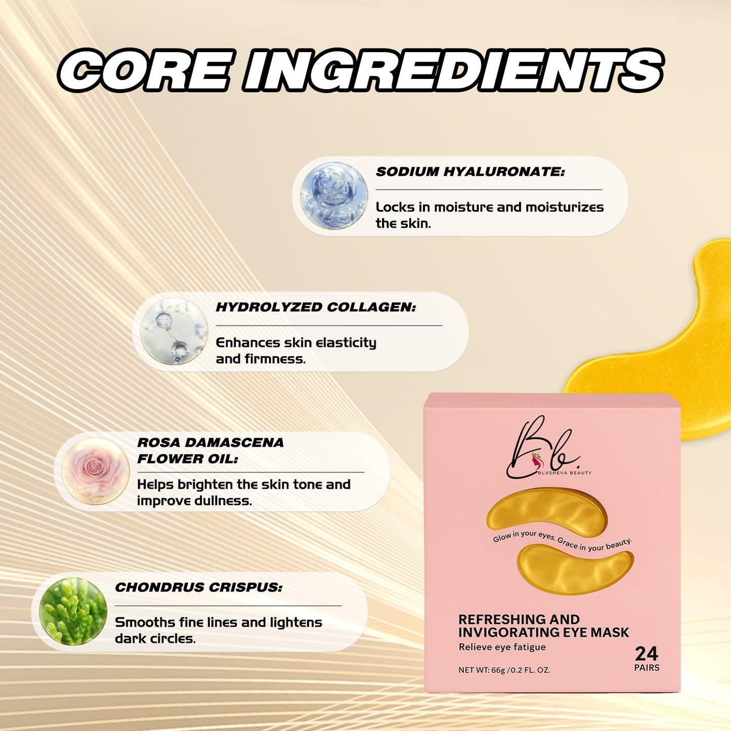 Blusheva Beauty Gold Under Eye Masks 24 Pairs Collagen & Hydrating Gel Eye Patches for Dark Circles, Puffy Eyes, Fine Lines & Anti-Aging Skincare Vegan, Cruelty-Free Self Care Essentials