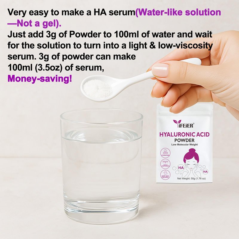 iFEiER Hyaluronic Acid Powder | Low Molecular Weight Hyaluronic Acid Powder | 50g(1.76oz) Cosmetics Grade | Sodium Hyaluronate HA | LMW HMW HA ingredient for DIY Serums
