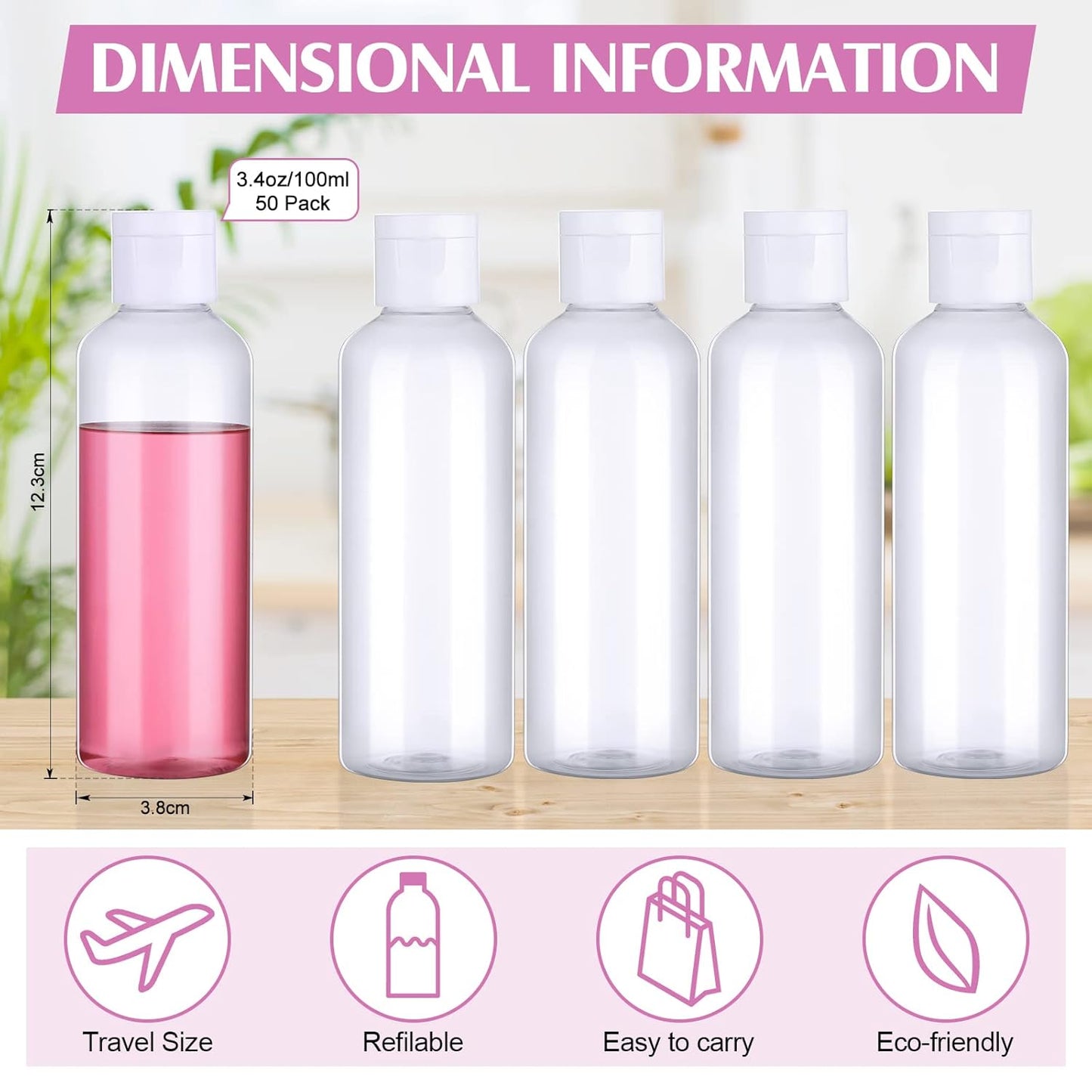 Travel Bottles - 50 Pcs 3.4 oz TSA Approved Leakproof Plastic Containers | Clear Refillable Bottles for Toiletries & Liquids