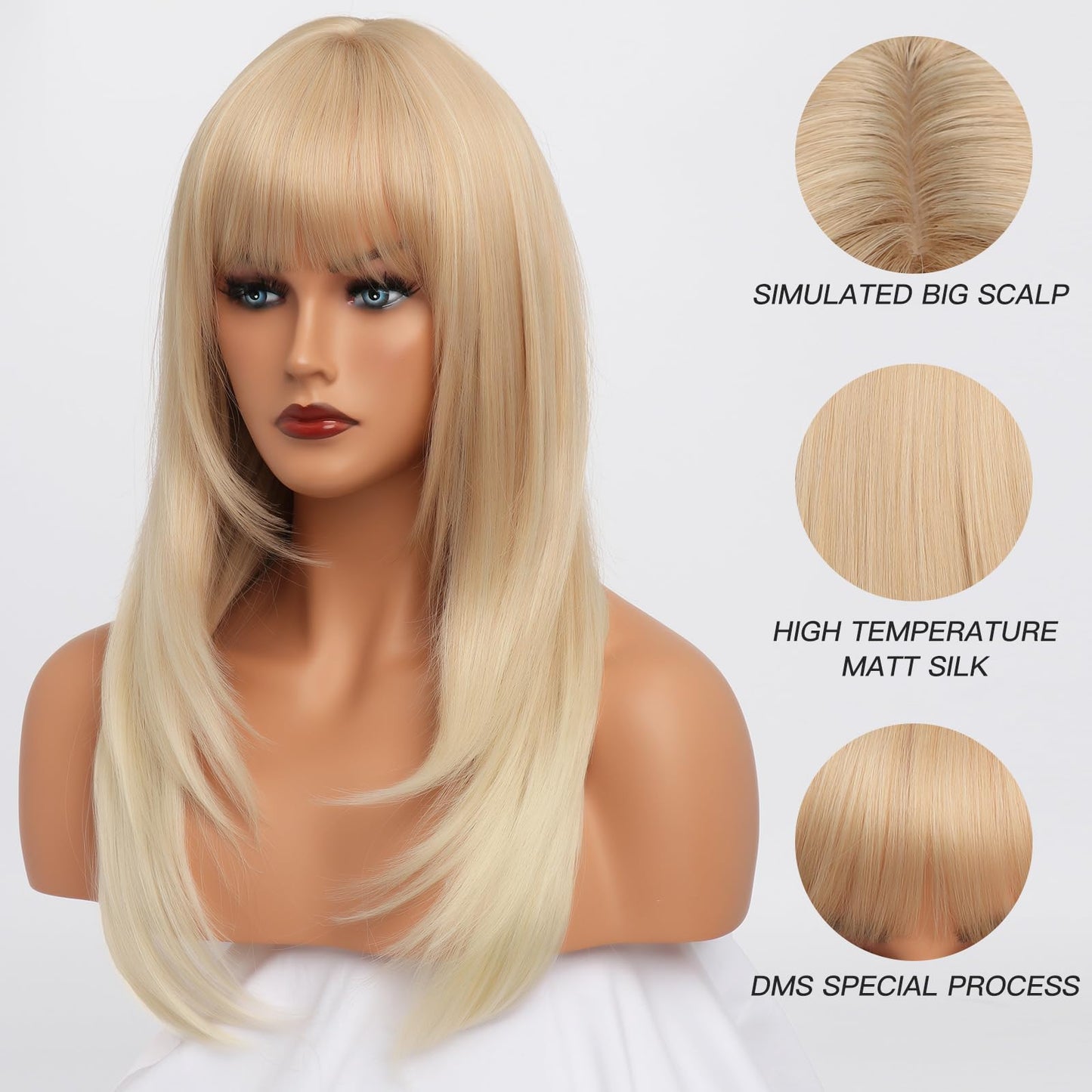 EssionTech 613 Blonde Wig With Bangs Long Wavy Straight Wig with Layered Hair Synthetic Heat Resistant Wigs for Women Daily Party Use 26 Inches