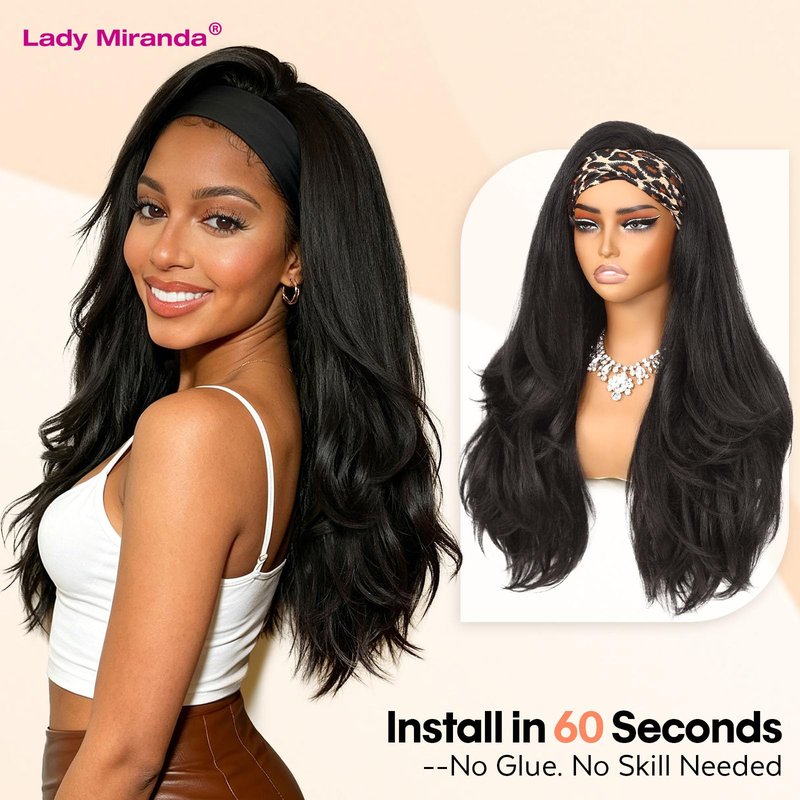 Lady Miranda 26 Inch Yaki Wavy Headband Wigs for Black Women Wear and Go Kinky Straight Headband Wig with Layered Blowout Texture Lightweight Glueless Half Wig Natural Looking Synthetic Wig