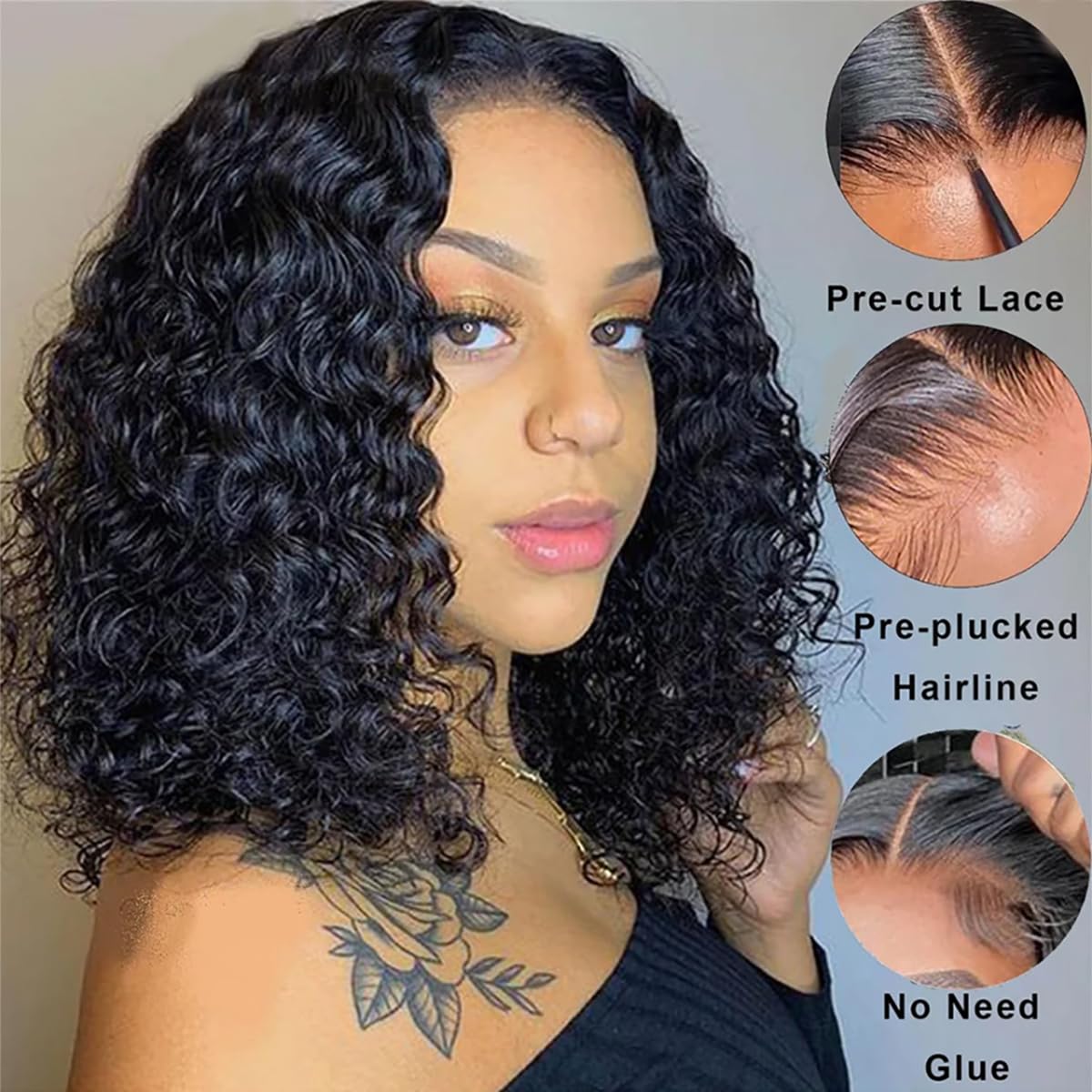 Tascal Wear and Go Glueless Short Curly Bob Wig 4x4 Lace Closure Wigs Human Hair Brazilian Human Hair Wigs for Women Wet and Wavy(14 Inch)