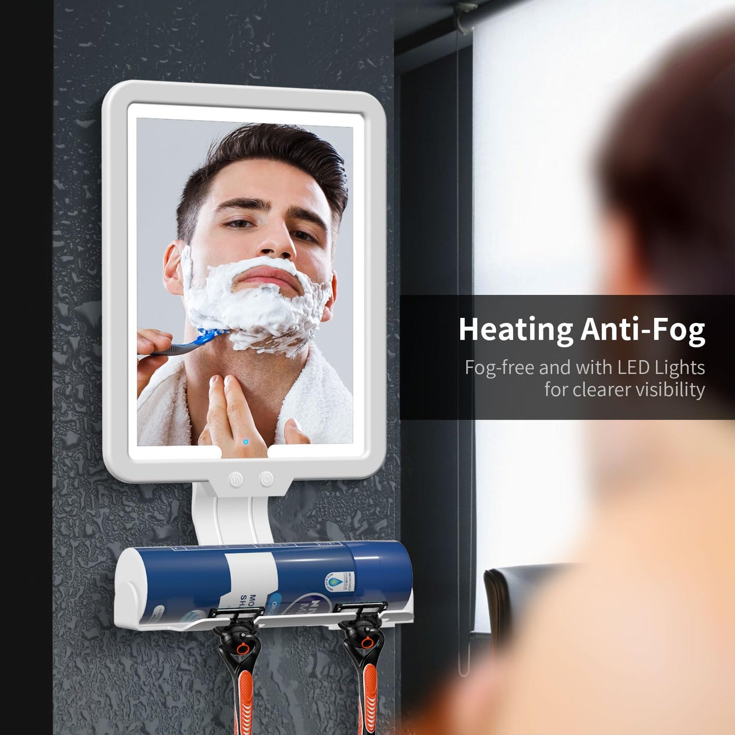 Junyaoxuan Heated Anti-Fog Shower Mirror, LED Shaving Mirror Fogless with 3 Color Modes, 9.5x8 Inch Dimmable, Hanging Rechargeable, Wall Mountable, Modern Frameless Rectangular Shower Mirror