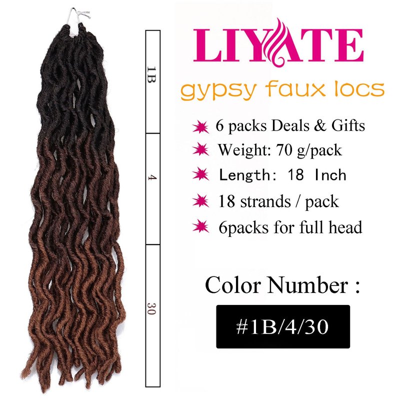 18 Inch Goddess Faux locs Crochet Hair 6 Packs/Lot Soft Gypsy Locs Wavy Crochet Braids Dreadlocks 3Tone Curly Wavy Twist Braiding Hair Extensions African Roots Braid（# 1B/4/30#)