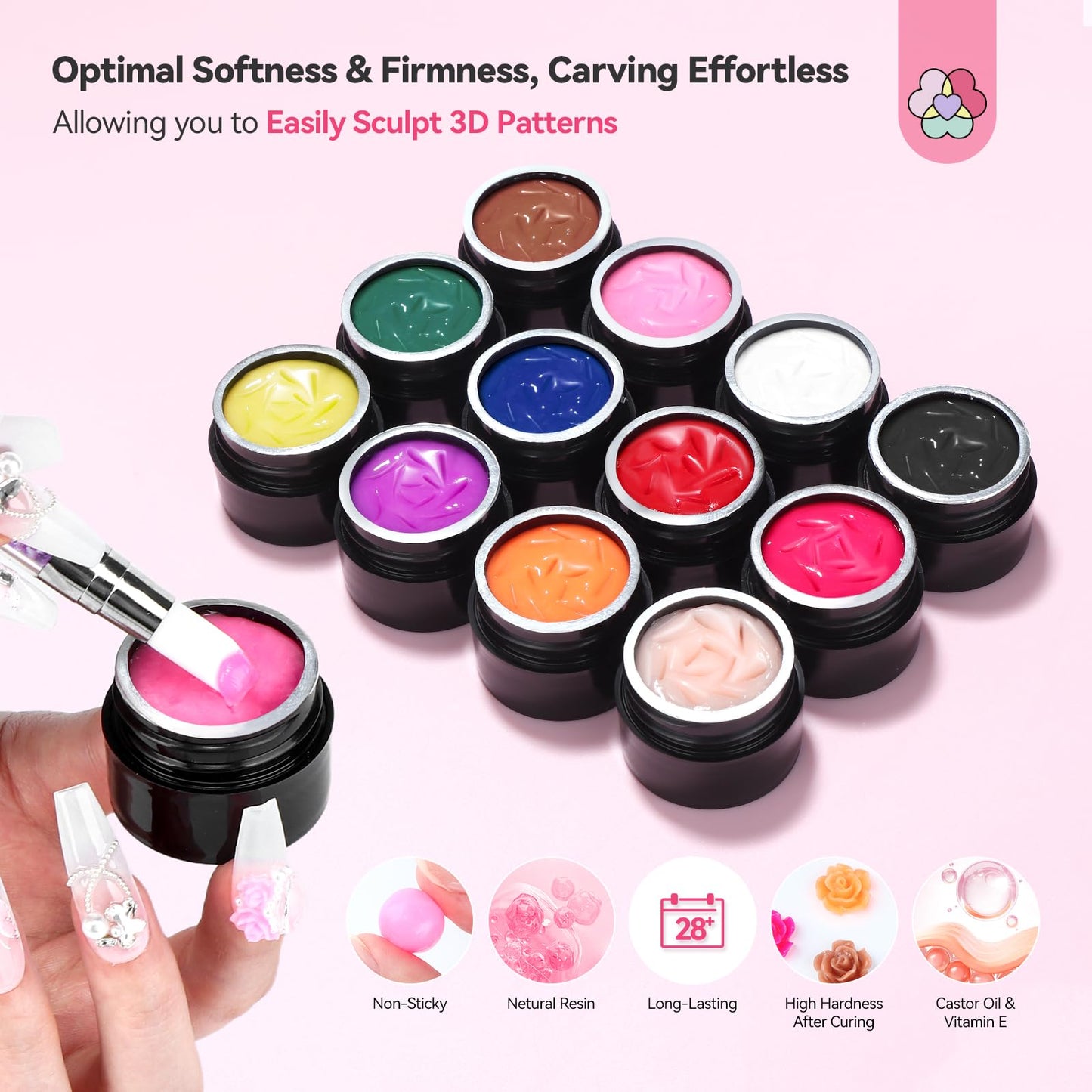SAVILAND 3D Nail Gel Set: 12 Colors Non-Sticky Soak Off 3D Sculpting Gel for Nail Art Painting Drawing Hand Carving Molding with Sculpture Pen for 3D Nail Art Design Home Salon Manicure DIY