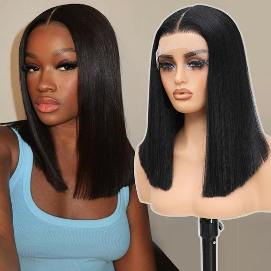 TENACOO Chocolate Brown Short Straight Bob Wig for Women T Part Synthetic Lace Front Bob Glueless Wig Middle Center Part Shoulder Length Bob Lace Wigs for Daily Party Christmas (Brown-14 Inches)