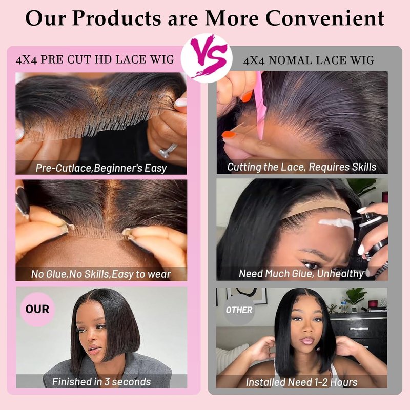 SJXAL Bob Wig Human Hair Wear and Go Glueless Wigs Human Hair Pre Plucked Pre Cut 4X4 Lace Closure Bob Wigs for Black Women 200 Density Short Straight Bob Wig Human Hair For Beginner 12 Inch