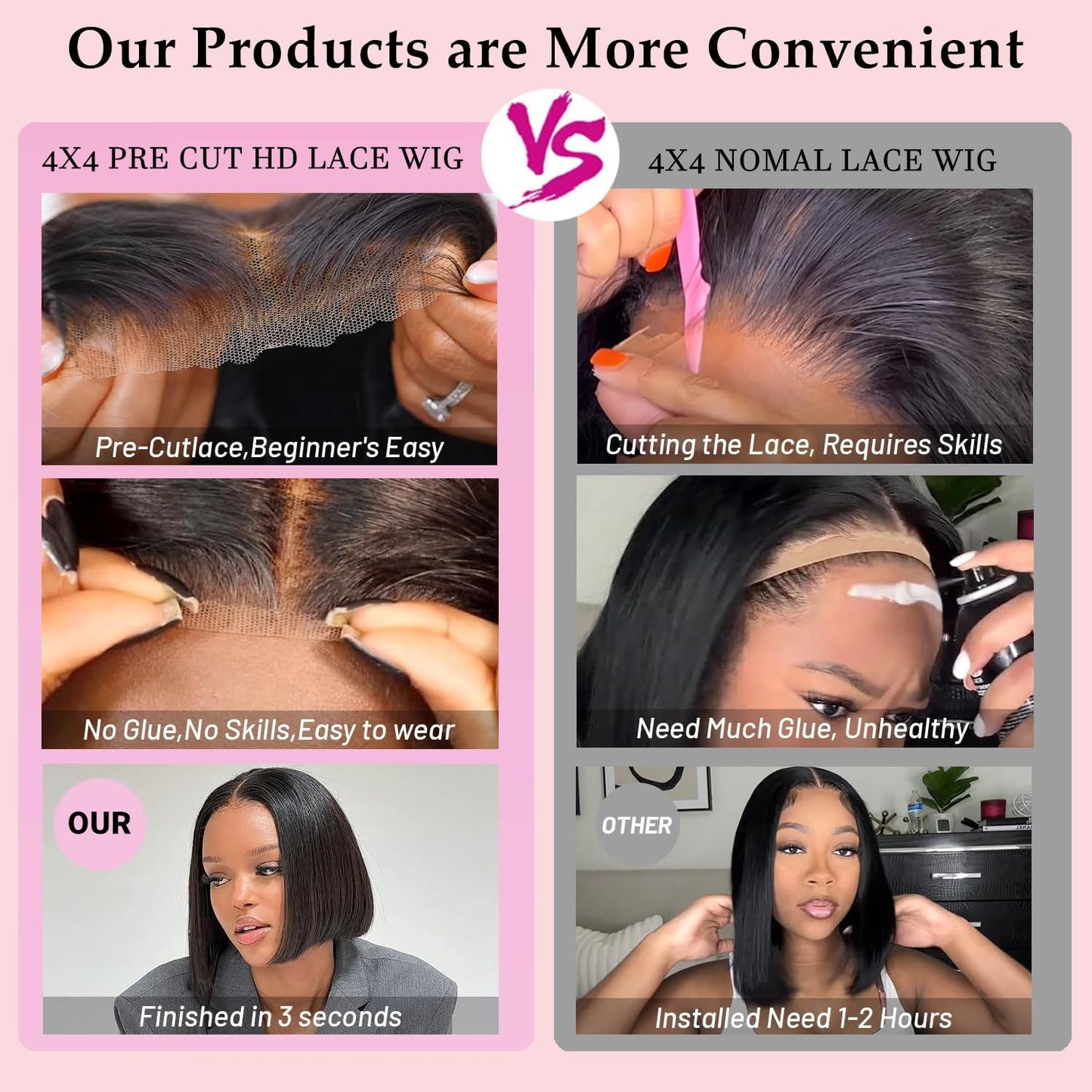 SJXAL Short Bob Wig Human Hair Straight 8 inch Wear to Go 4x4 Lace Closure Bob Wigs Human Hair for Black Women Pre Plucked and Pre Cut Short Straight Bob Wig Human Hair No Glue Natural Black