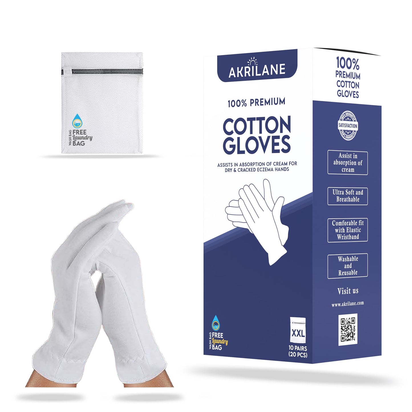 AKRILANE Extra Extra Large 10 Pairs XXL Cotton Moisturizing Gloves for Dry Hands | Eczema, Psoriasis & Skin Spa Treatment for Women & Men | Free Laundry Bag