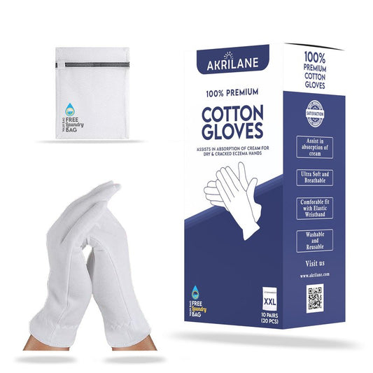 AKRILANE Extra Extra Large 10 Pairs XXL Cotton Moisturizing Gloves for Dry Hands | Eczema, Psoriasis & Skin Spa Treatment for Women & Men | Free Laundry Bag