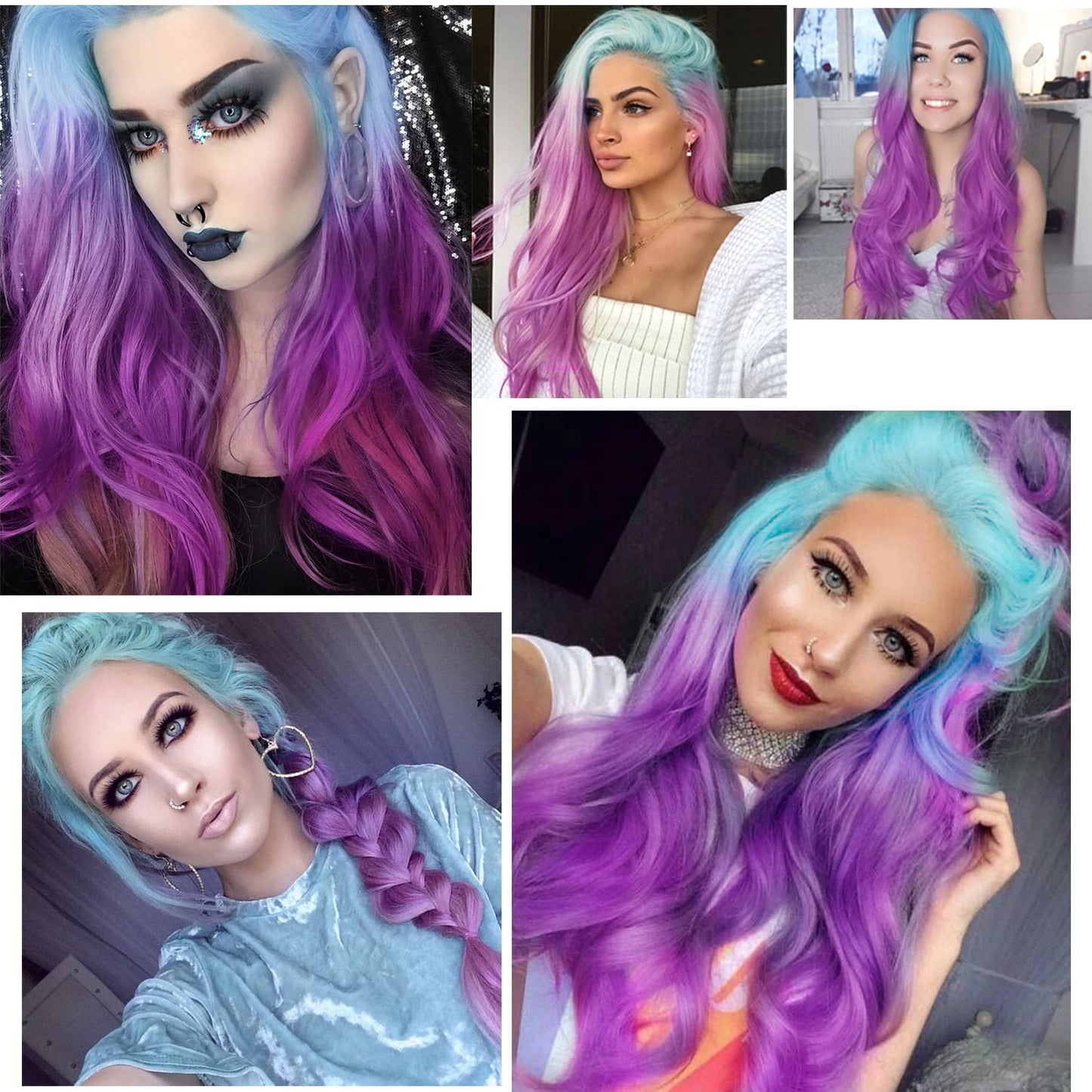 FUHSI Blue Ombre Purple Lace Front Wigs for Women Long Wavy Lavender Wig Synthetic Replacement Hair for Girls Cosplay Party Use