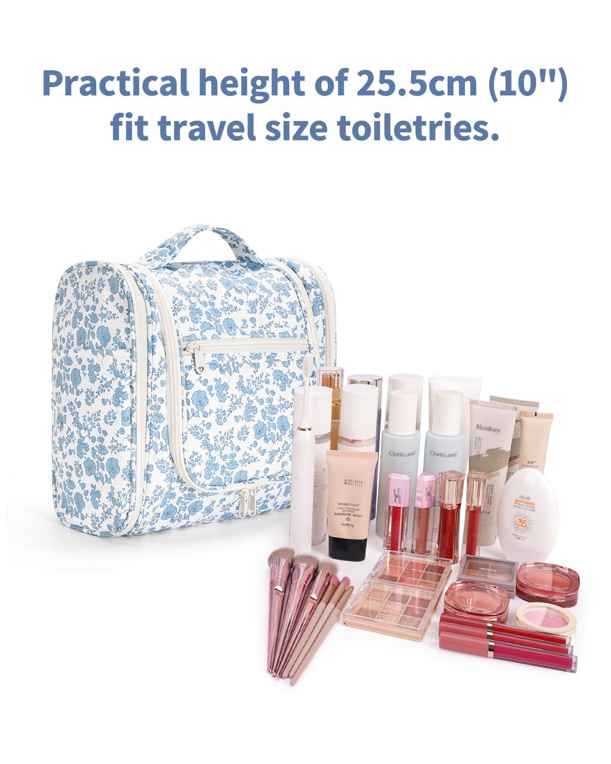 Narwey Large Hanging Toiletry Bag for Women Travel Makeup Bag Make up Organizer Toiletries Bag for Cosmetics Essentials Accessories (Large, Blue Flower)