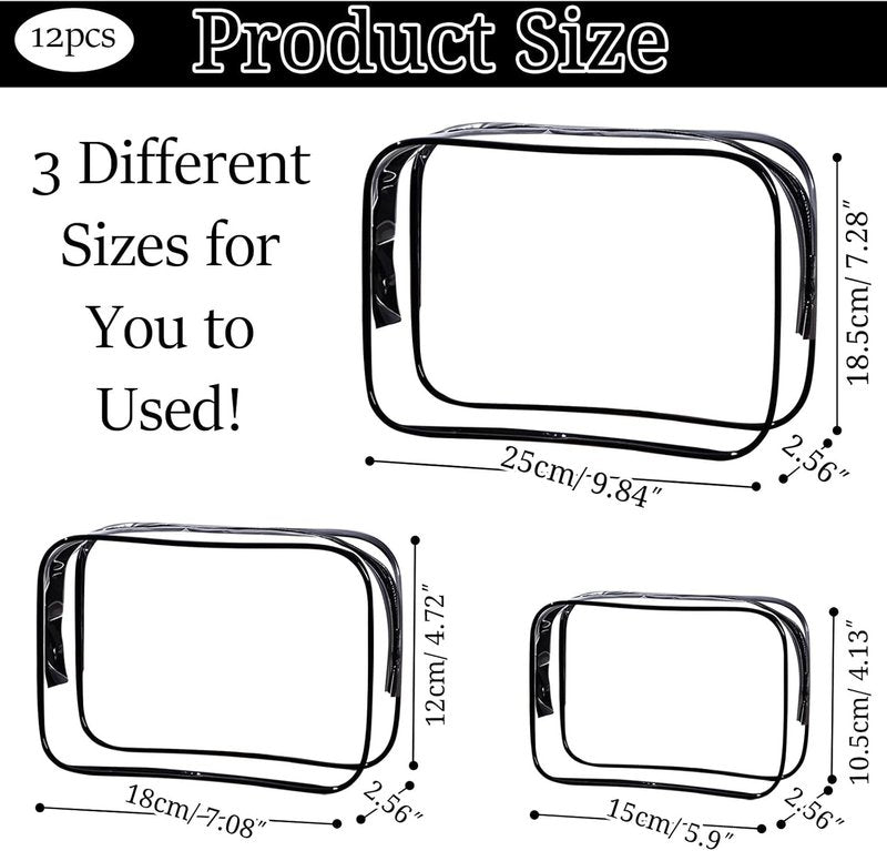 Clear Makeup Bags - TSA Approved Toiletry Travel Pouch - Waterproof PVC Cosmetic Organizer | 12 Pieces