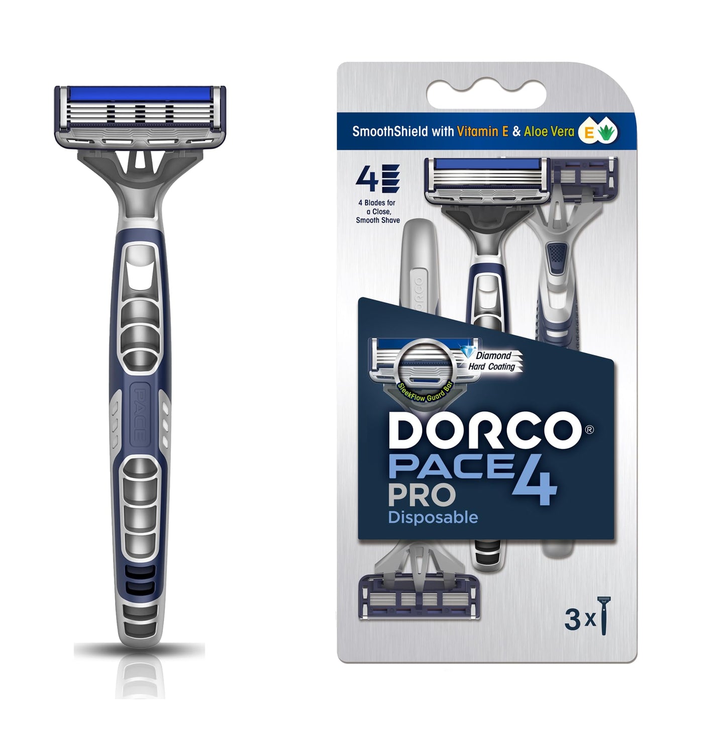 DORCO Pace Pro 4 Disposable Razors, 9 pack - Long Lasting 4 Blade Technology with a Precision Trimmer, Safety Guard Bar, Pivoting Head and Non-Slip Rubber Handle (9 Razors)