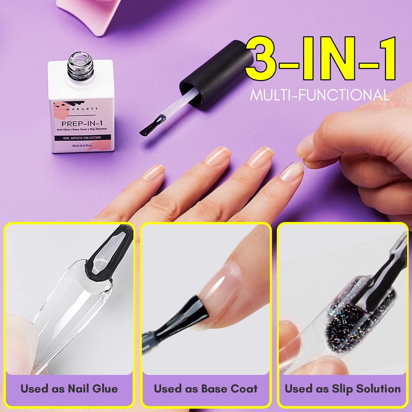 Makartt Gel Nail Glue: 3 in 1 Nail Glue for Acrylic Nails Extension Super Strong Adhesive Long Lasting Brush on Glues for Tips, Base Coat & Slip Solution, & Stick Rhinestone, Curing Needed, 15ml