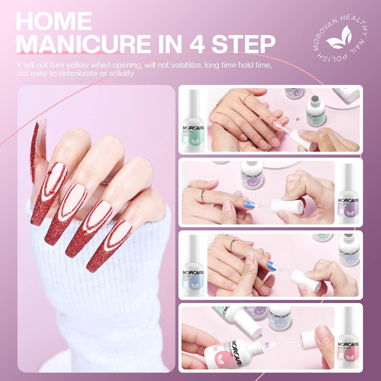 Morovan Dip Powder Liquid Set with Activator Base Top Coat and Dipping Powder Brush Saver 4pcs 0.5oz for Dip Nail Kit