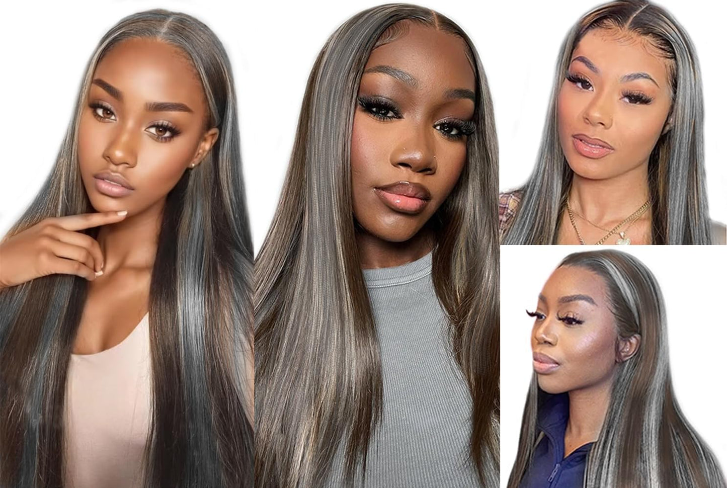 Giginger Bundles Human Hair 300g P4/GREY 12 14 16 inch Straight Wave Human Hair Bundles Highlight Chocolate Grey Unprocessed Quick Weave Soft Sewn In Hair Extensions for Black Women