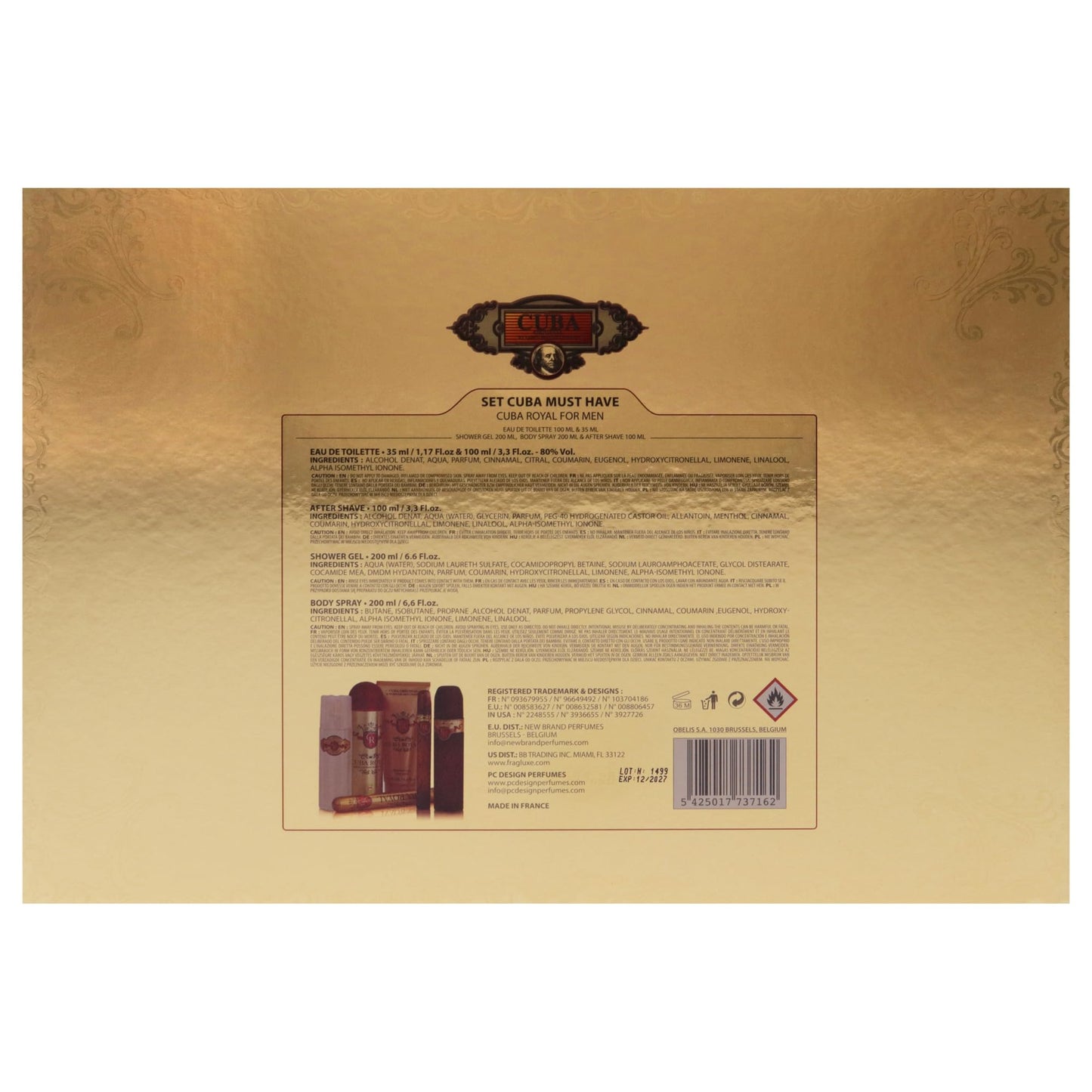 Cuba Royal for Men Gift Set (Eau de Toilette Spray 3.4 ounce, Eau de Toilette Spray 1.17 ounce, Shower Gel, After Shave, Body Spray)