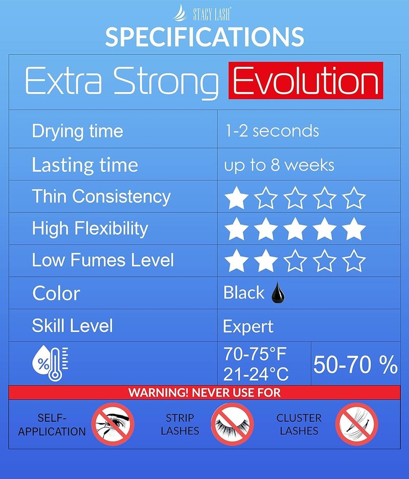 STACY LASH Extra Strong Evolution Eyelash Extension Glue (0.34 fl.oz/10 ml)/1-2 Sec Dry/Retention – 8 Weeks/Black Adhesive/Lash Tech Supplies