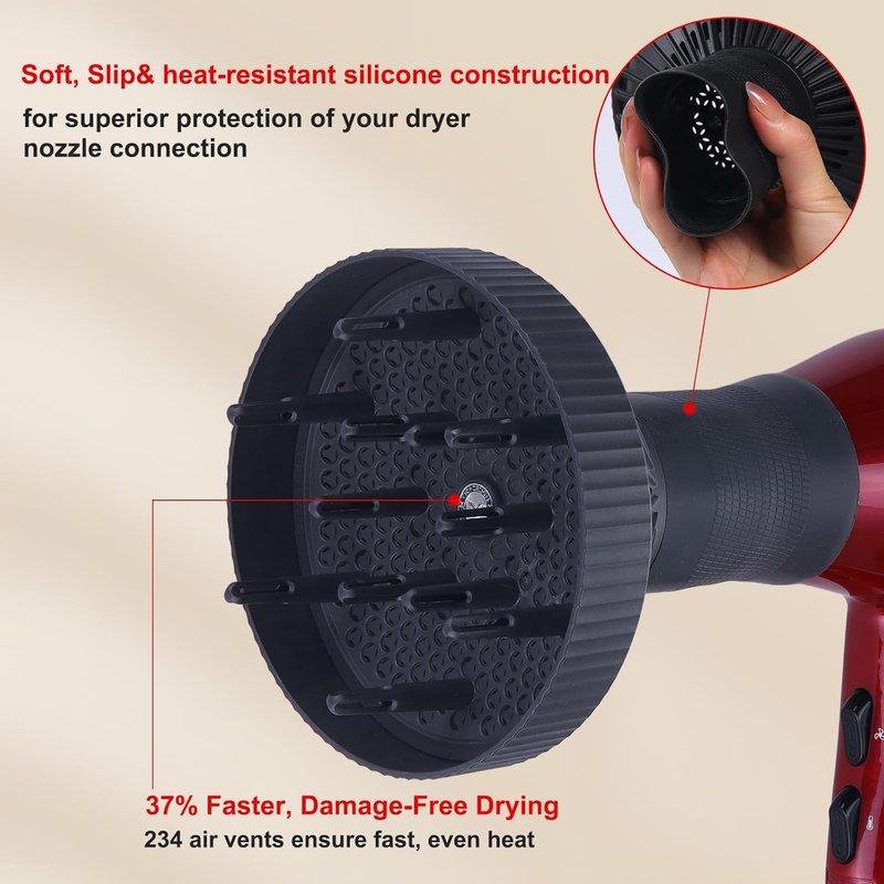Hair Diffuser for Curly Hair - Professional Frizz-Free Blow Dry Attachment | 1.57"-2" Nozzle, Black