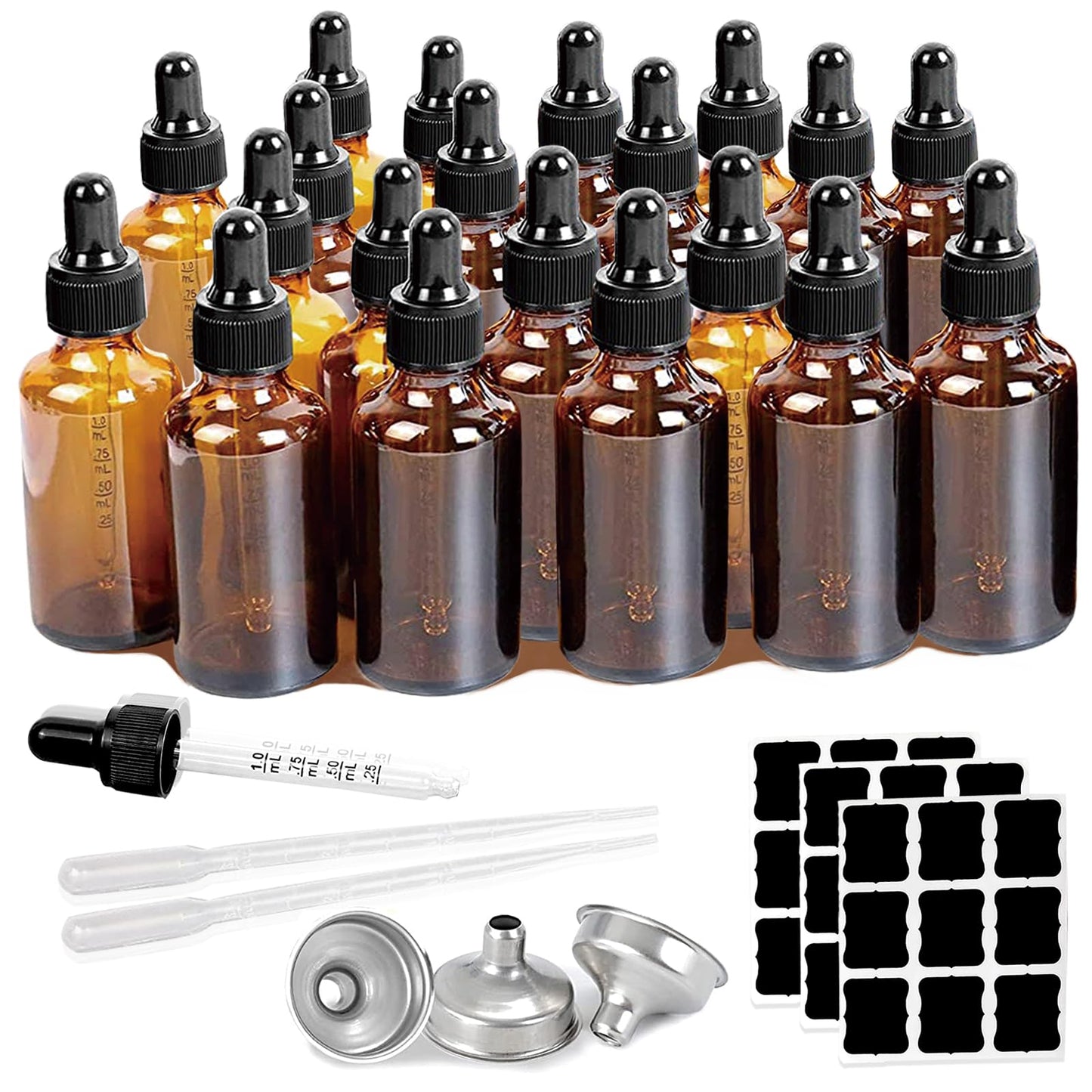 Z-synka 20 Pack,2 Oz Amber Glass Dropper Bottle With Measured Dropper Essential Oil Tincture Bottles,Funnels, Labels,60ml Brown Glass Dispenser Bottle for Oils,Serum,Liquid Medicine Travel Container