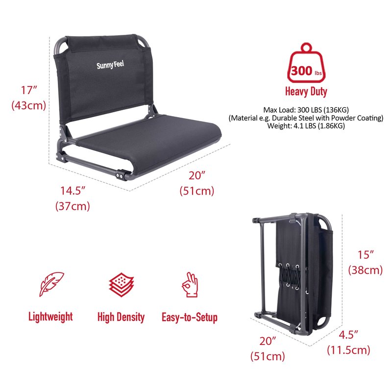 SUNNYFEEL Stadium Seats with Back Support for Football Games, 20" Wide Bleacher Seat with Backrest for Sport Events, Portable Chairs for Kayak, Ground Chair for Concert