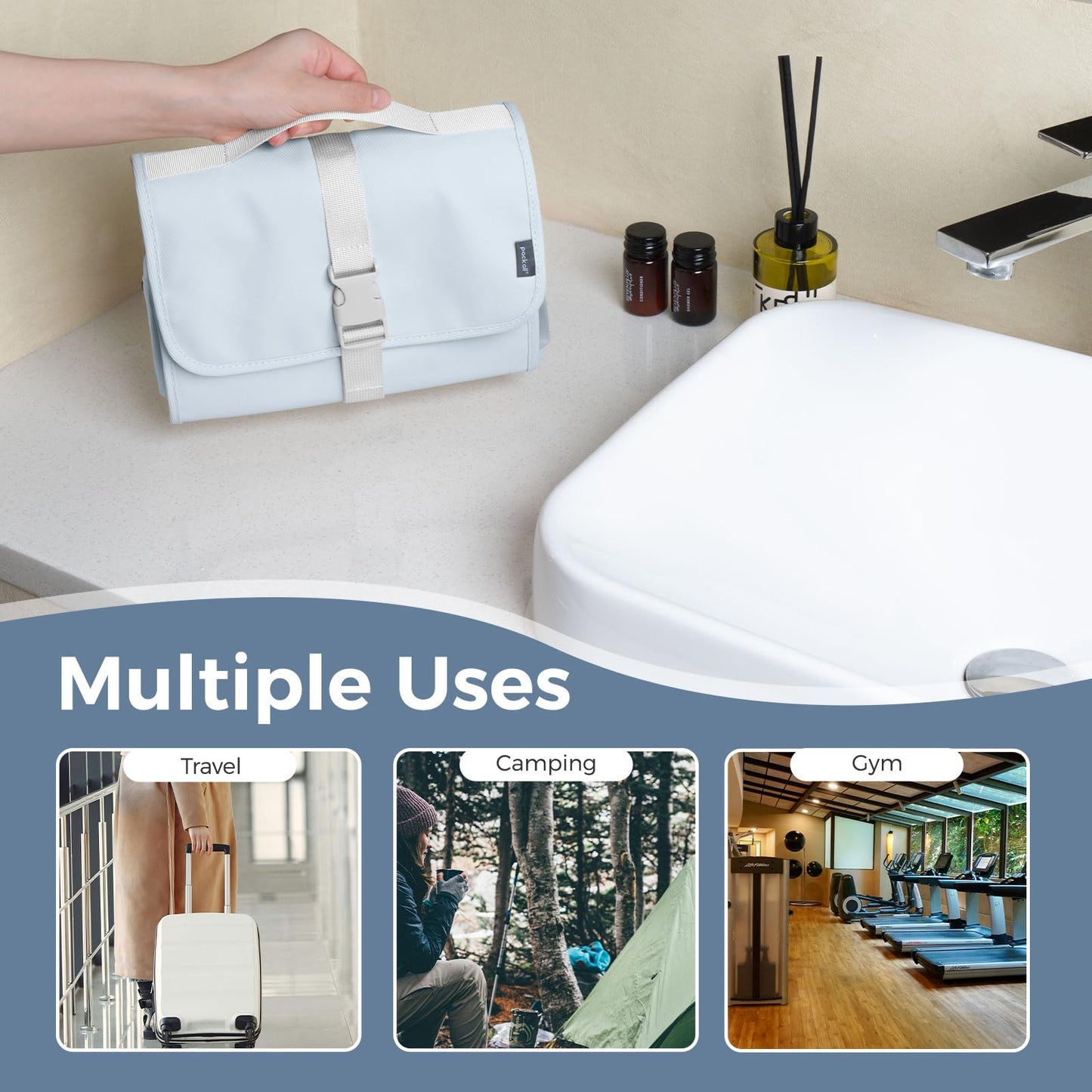 pack all Hanging Travel Toiletry Bag, Foldable Cosmetic Bag with Multiple Compartments, Water-Resistant Makeup Bag for Toiletries, Accessories (Light Blue)