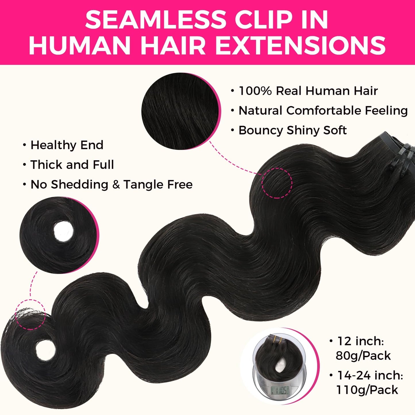 Lashey Seamless Clip in Hair Extensions Remy Human Hair Extensions, 110g 7pcs Body Wave Natural Black Clip in Hair Extensions Real Soft Human Hair Natural Black Human Hair Extensions 14 Inch