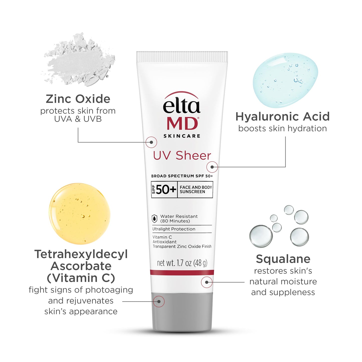 EltaMD UV Sheer Face and Body Sunscreen SPF 50+, Oil Free, No White Cast Sunscreen for Face and Body, Zinc Oxide Formula, 1.7 oz Tube
