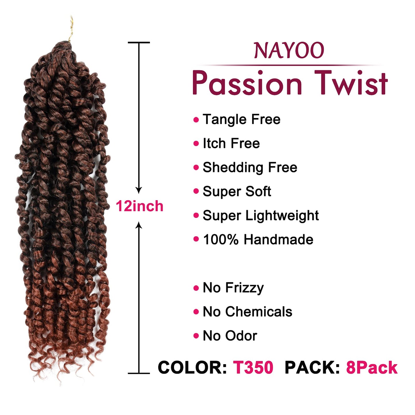 Passion Twist Hair - 8 Packs 12 Inch Passion Twist Crochet Hair For Women, Crochet Pretwisted Curly Hair Passion Twists Synthetic Braiding Hair Extensions (12 Inch 8 Packs, T350)
