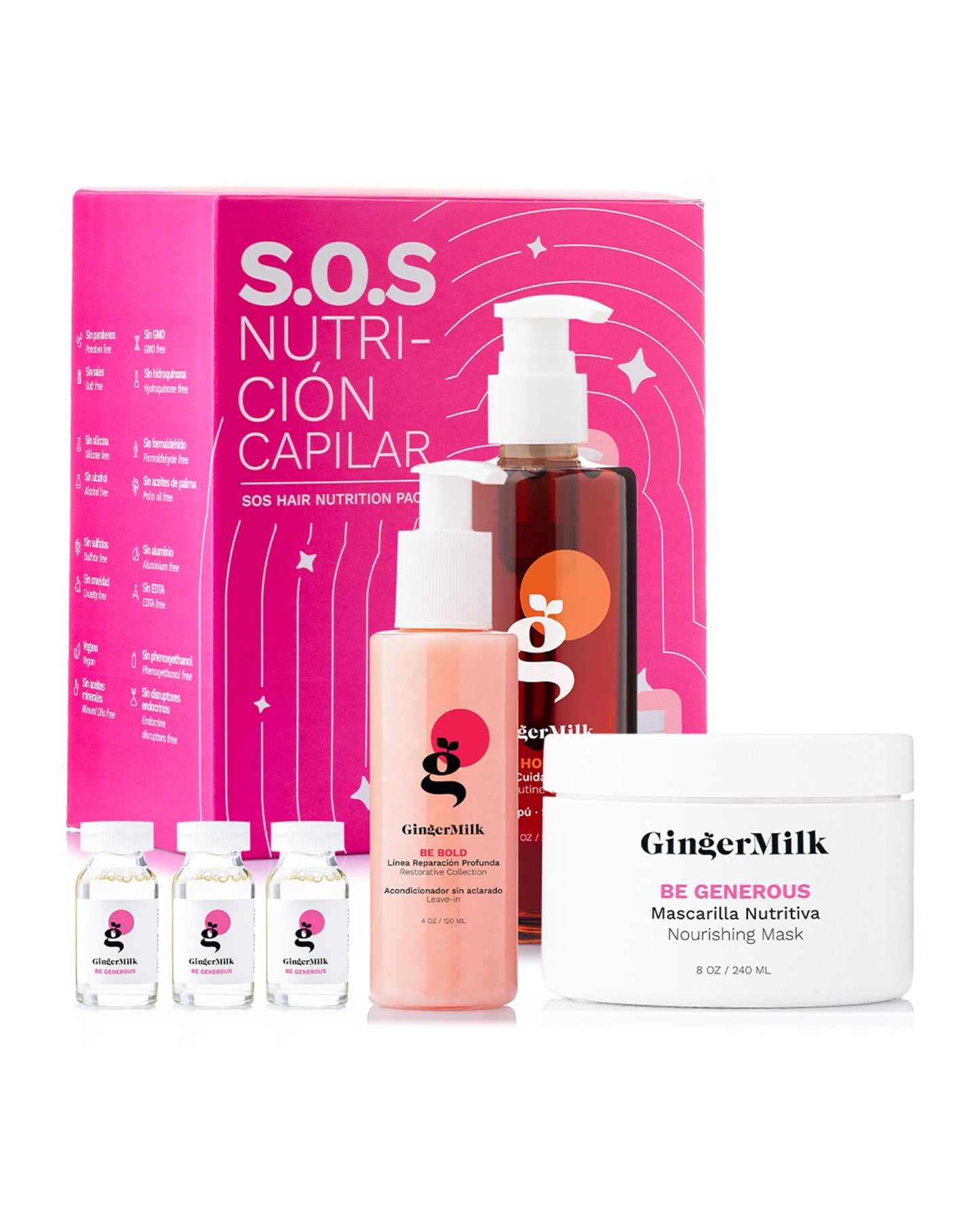 Hair Nourishment Pack SOS by GINGER MILK, Vegan Hair Care Set with pH-Balanced Shampoo 8.5oz, Hair Mask 8oz, Leave-in 4oz & 3 Ampoules | Weak Hair: Nourish, Shine, Strength, Noticeable Results Soon